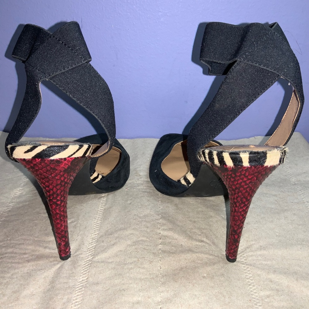 Jessica Simpson ankle strap suede heels Sz 7 snakeskin heels animal print trim